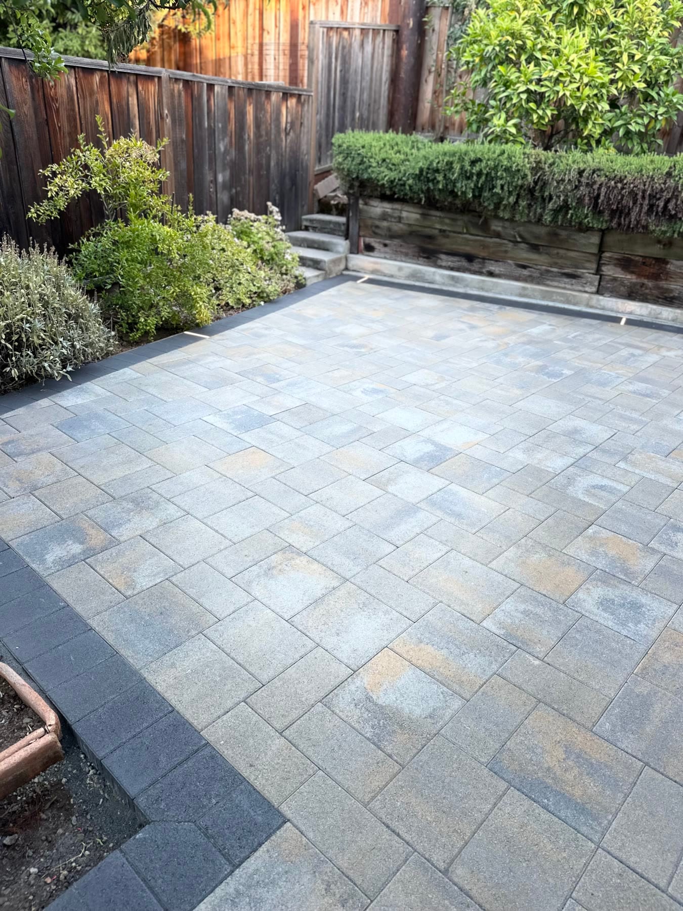 Clean paver patio in Sunnyvale, CA, installed by Royal Outdoor Solutions, with tight joints and a contrasting border